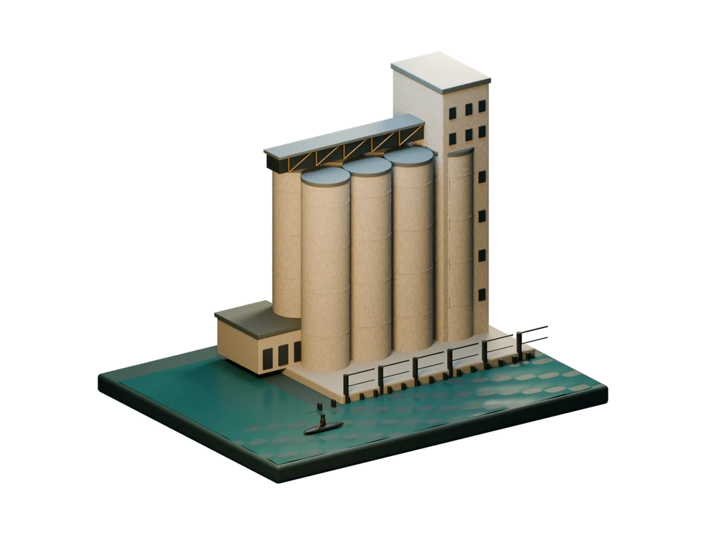 A sculptural model of eight concrete grain silos, a tall headhouse, and a small kayak beside a teal-water quay
